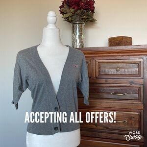 HOLLISTER Cropped Gray Cardigan Sweater, Grey Cropped Cardigan, Cotton, Medium